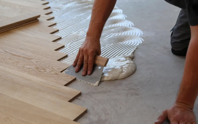Roka mojstra nanaša elastično lepilo z zobato lopatico pri strokovnem lepljenju parketa na estrih.