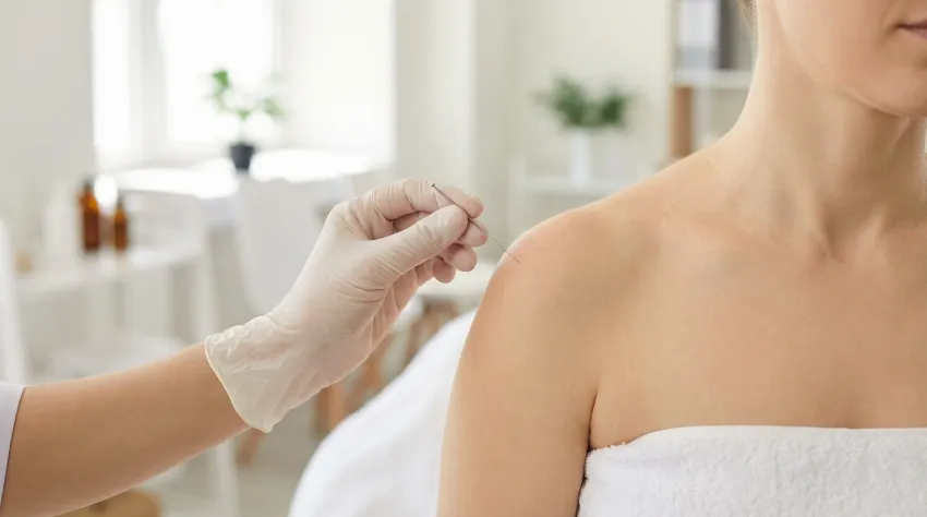 Izvajanje akupunkture na pacientu v svetli ordinaciji.