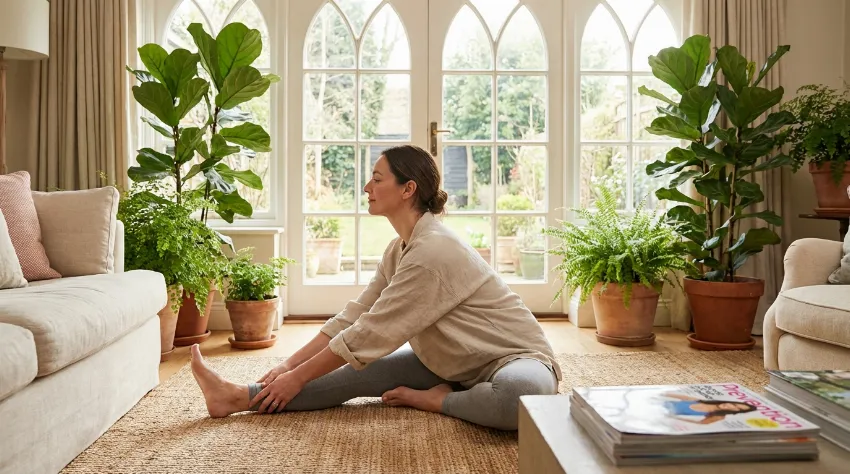 Ženska vadi jogo v svetli dnevni sobi za sprostitev.