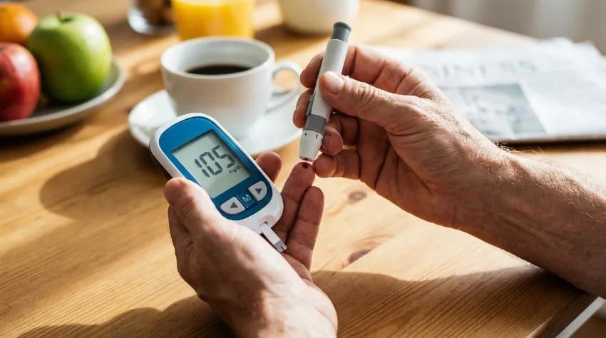 Oseba si meri krvni sladkor z digitalnim glukometrom.