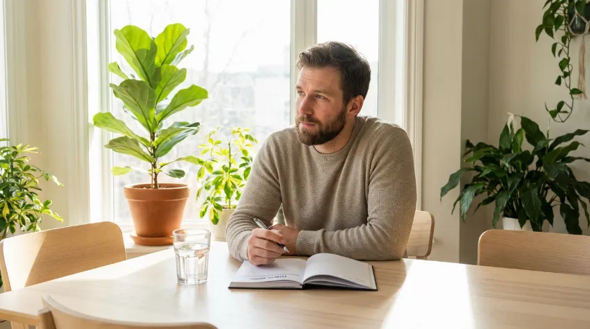 Moški zapisuje svoje vadbene cilje v beležnico v svetli dnevni sobi