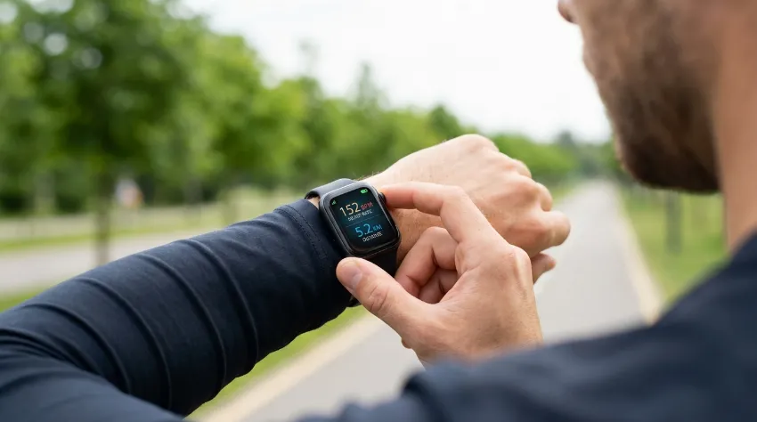 Tekač preverja rezultate vadbe na pametni uri