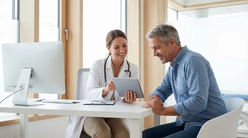 Zdravnik razlaga zdravstvene rezultate pacientu v sodobni ordinaciji.