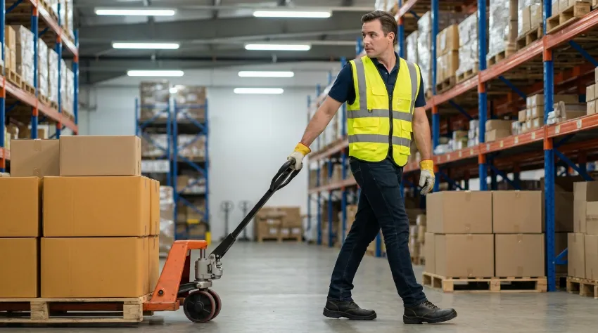 Delavec pravilno vleče ročni viličar za seboj v skladišču