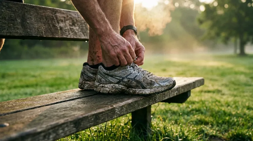 Moški si zavezuje tekaške copate na klopi v parku