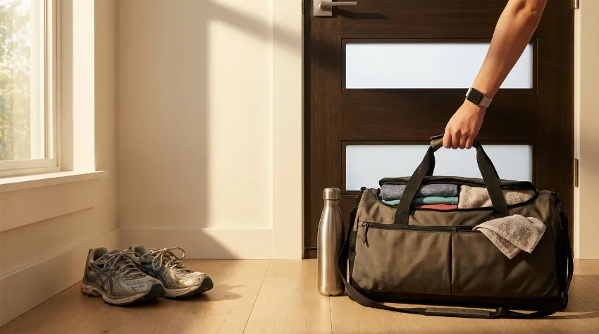 Pripravljena športna torba in superge ob izhodu iz stanovanja