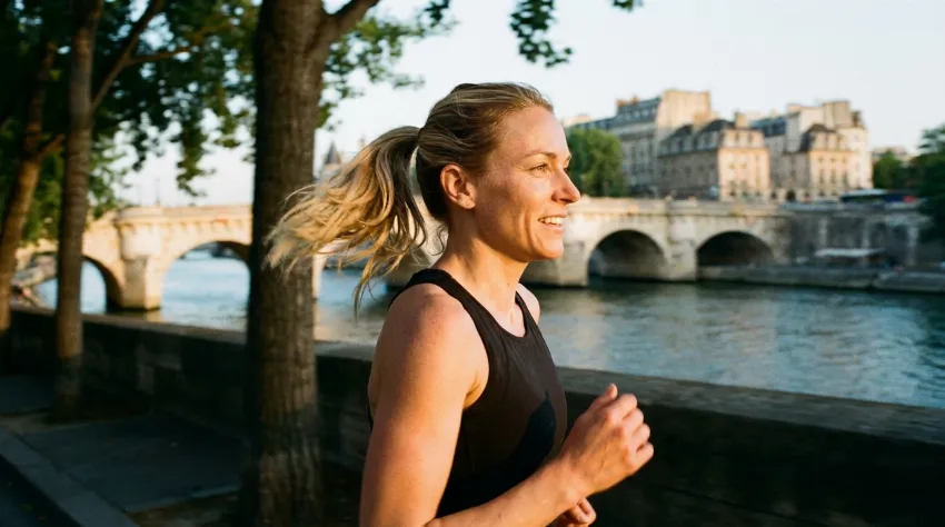 Ženska teče ob reki v sončnem vremenu