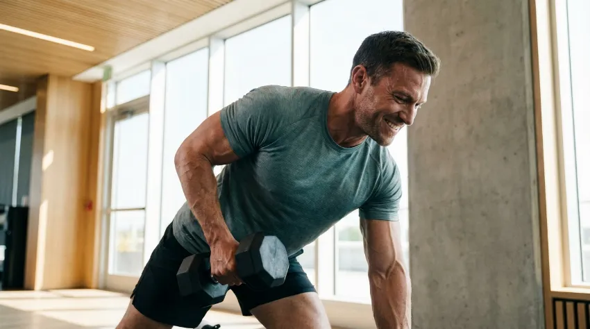 Moški dviguje ročko v svetlem fitnesu