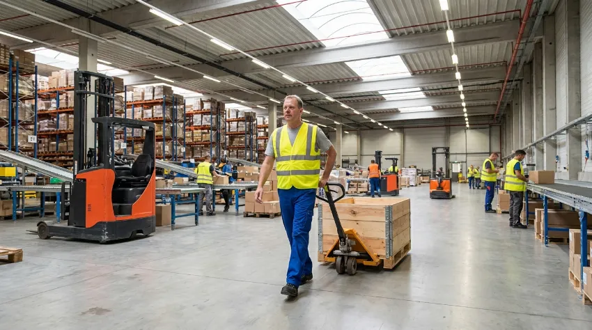 Skladiščni delavec upravlja z ročnim viličarjem v logističnem centru