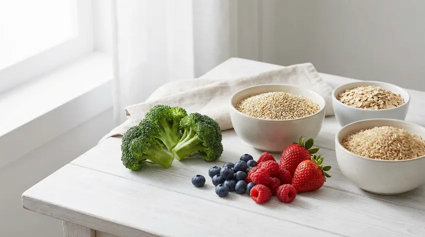 Sveža hrana z nizkim glikemičnim indeksom na mizi, vključno z brokolijem in jagodičevjem.