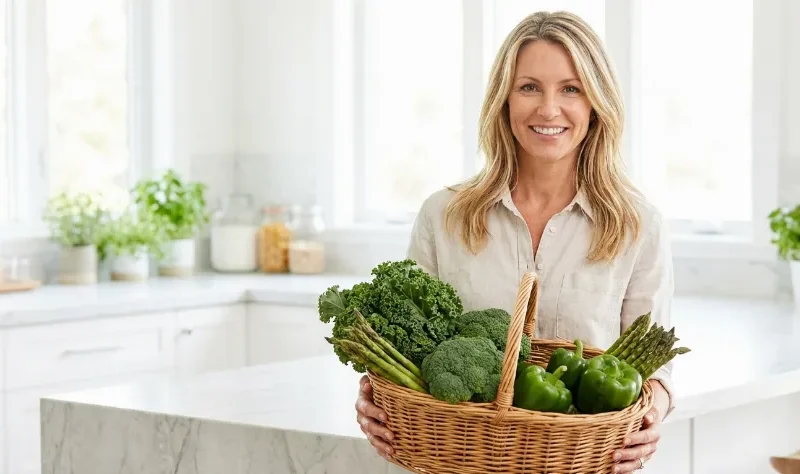 Srečna ženska s košaro sveže zelenjave v svetli kuhinji.